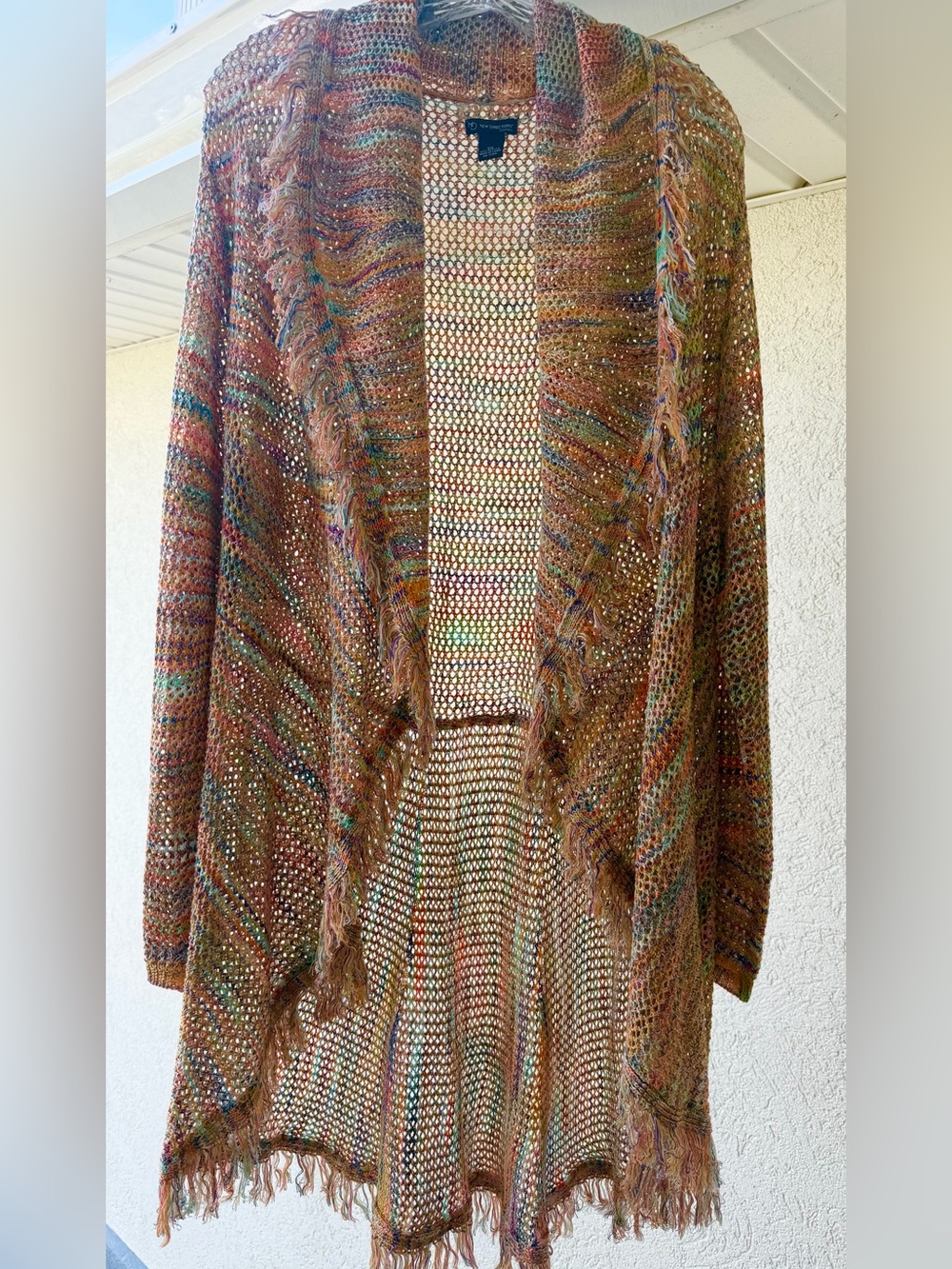 New Direction Women Multicolor Open-Front Fringe Knit Cardigan